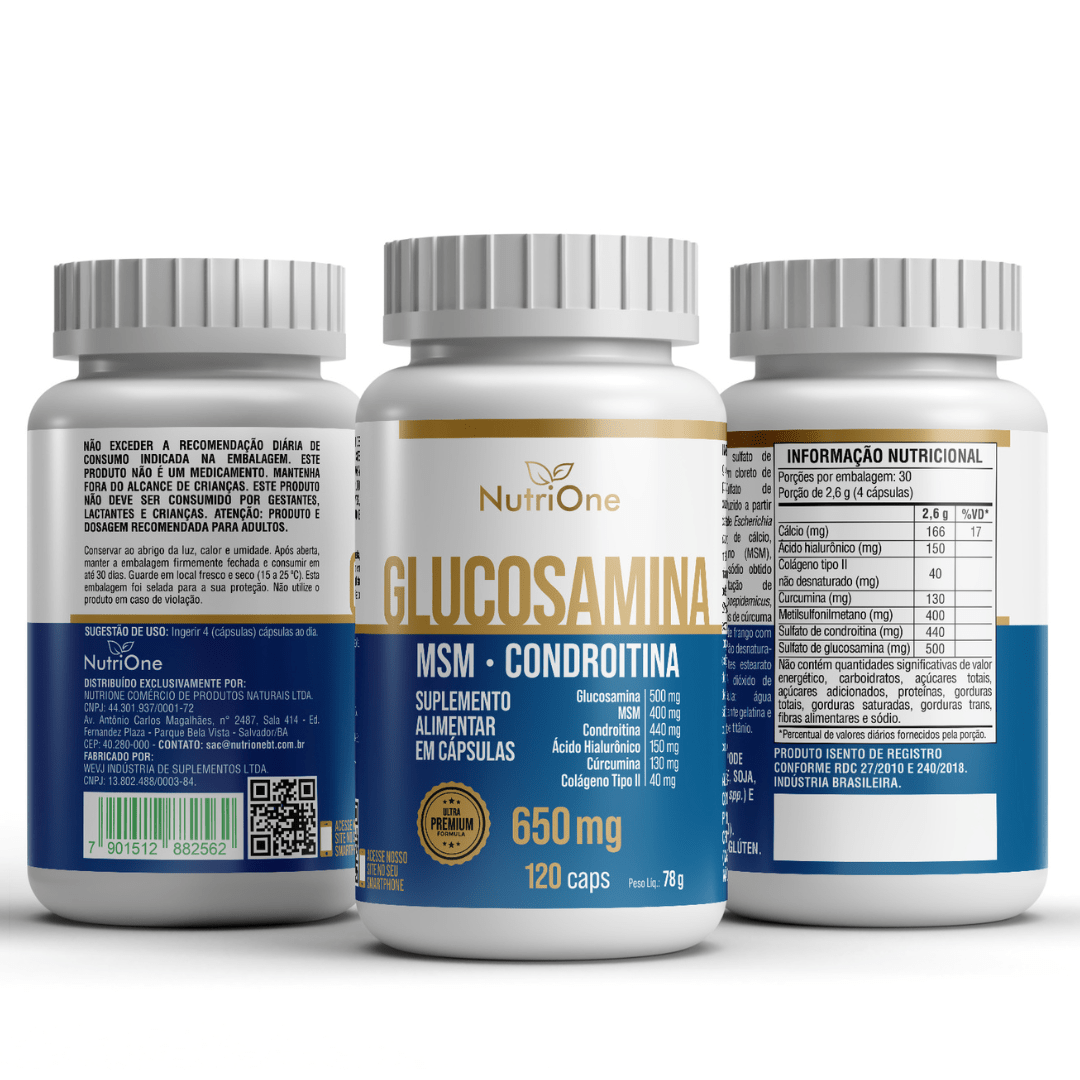 Glucosamina, MSM, Condroitina, Curcumina, Colágeno Tipo II, Ácido Hialurônico e Cálcio 120 Cápsulas - NutriOne E - commerce