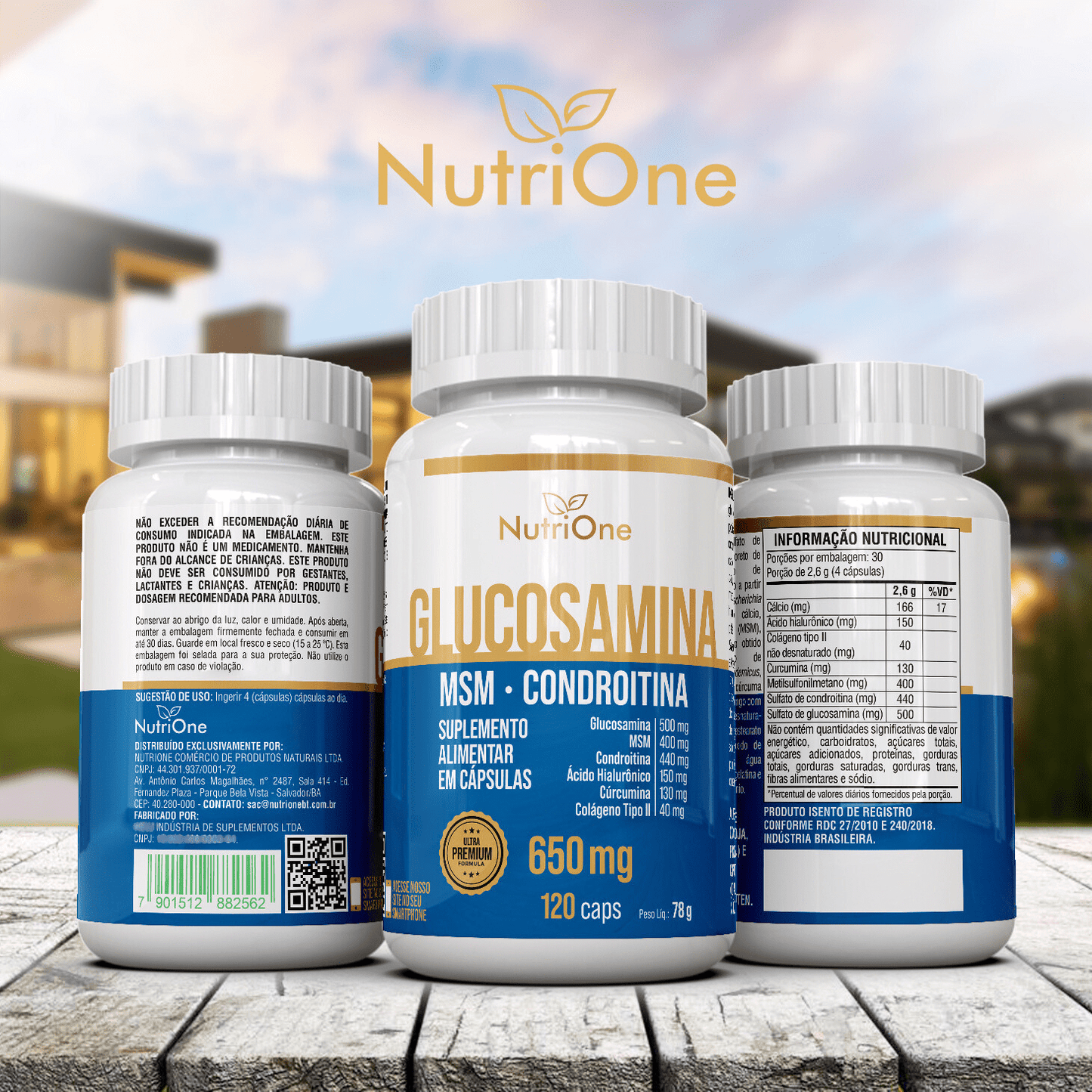 Glucosamina, MSM, Condroitina, Curcumina, Colágeno Tipo II, Ácido Hialurônico e Cálcio 120 Cápsulas - NutriOne E - commerce