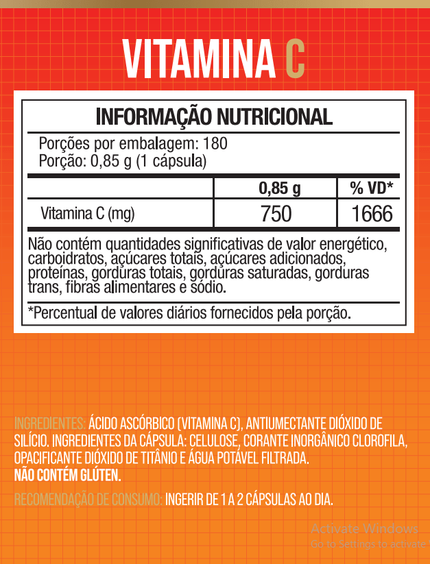Vitamina C 750mg 180 Cápsulas - NutriOne E - commerce