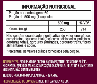 Picolinato de Cromo 250mcg de Cromo por Cápsula - 60 Cáps Concentração Máxima Chromium Picolinate Sem Glúten - Nutrione