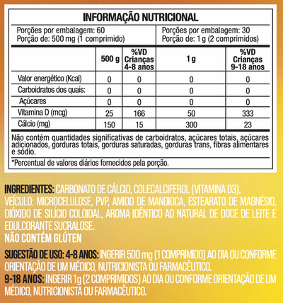 Cálcio D3 Concentrado Sabor Doce de Leite - Vitamina D3 e Carbonato de Cálcio - 60 Comprimidos - Nutrione