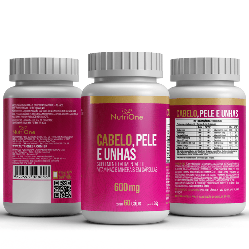 Cabelo, Pele e Unhas 600mg 16 Ativos 60 Cápsulas - NutriOne E - commerce