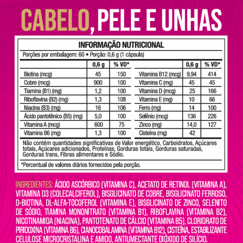 Cabelo, Pele e Unhas 600mg 16 Ativos 60 Cápsulas - NutriOne E - commerce