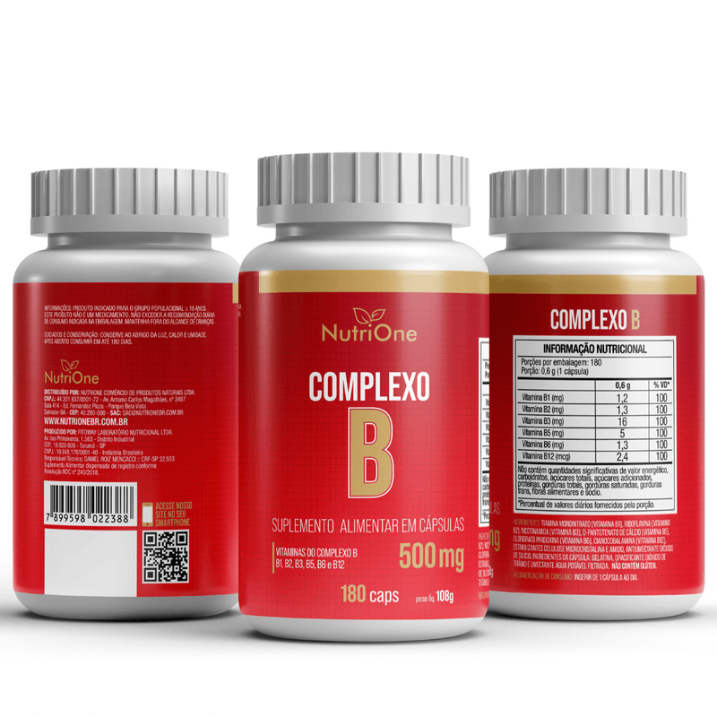 Complexo B 500mg Vits B1 B2 B3 B5 B6 B12 180 Cápsulas - NutriOne E - commerce