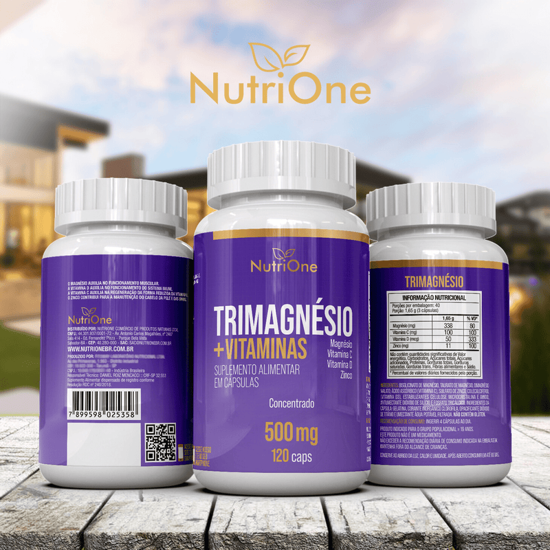 Trimagnésio (Malato, Taurato e Quelato) + Zinco, Vitamina C e D, 120 Cápsulas - NutriOne E - commerce