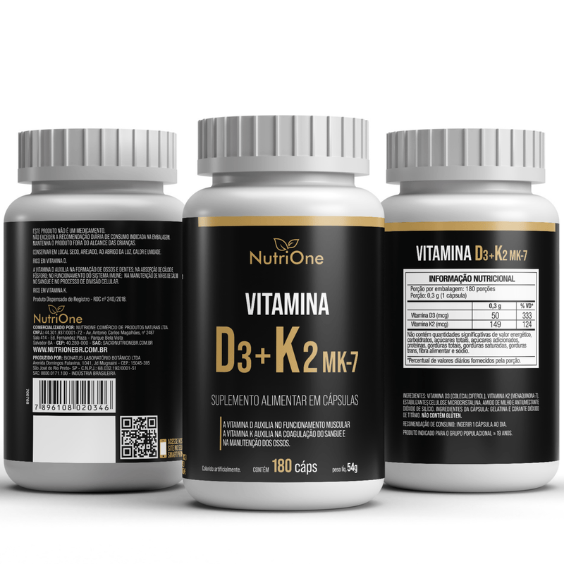 Vitamina D3 + K2 Mk7 Alta Concentração 180 Cáps - NutriOne E - commerce